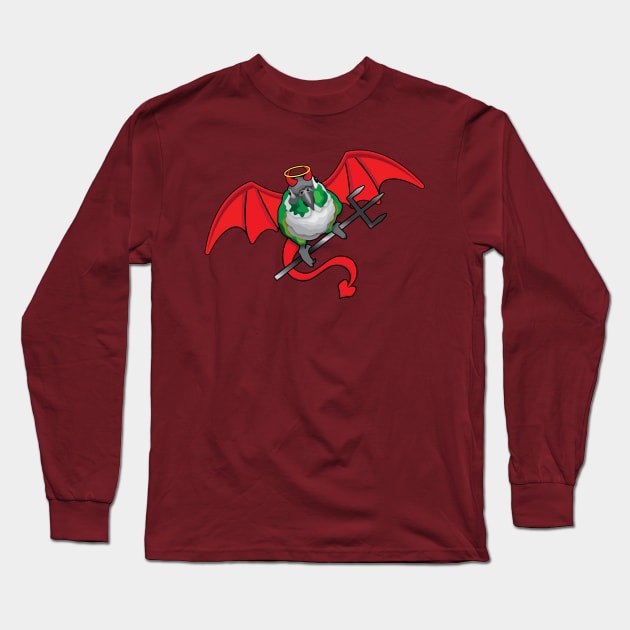 Green cheek Conure Red Devil Horns Holding Up Halo Long Sleeve T-Shirt by TheStuffInBetween